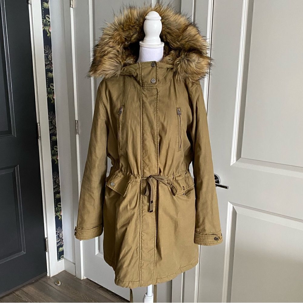 TOPSHOP Brown Parka Quilted Lined Winter Jacket with Faux Fur Trim Size US 6